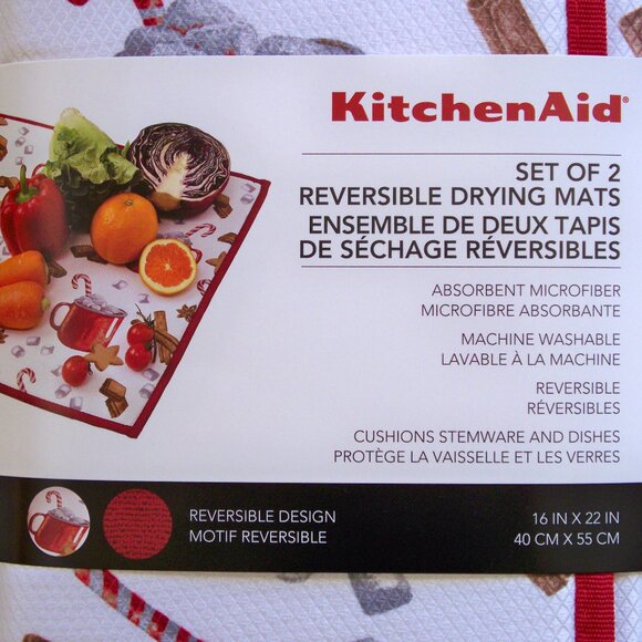 KitchenAid Set of 2 Reversible Drying Mats Red White Peppermint Mocha Coffee NIP - Picture 2 of 5